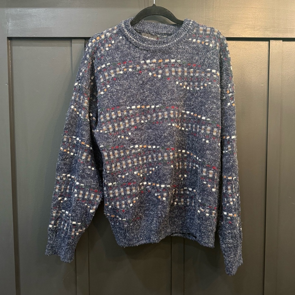 Colore Italia Vintage Wool Blend Navy Blue Patterned Cosby Sweater Size Large